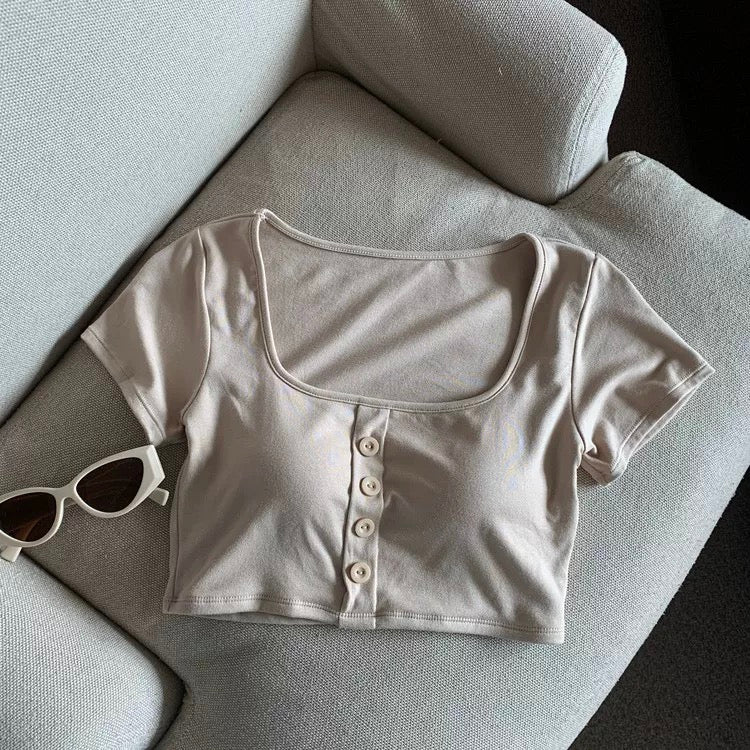 Nina Buttoned Built-In Bra Crop T-shirt